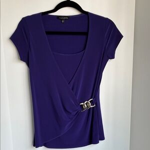 Ava & Grace Deep Purple Wrap Blouse with Silver Chain Accent